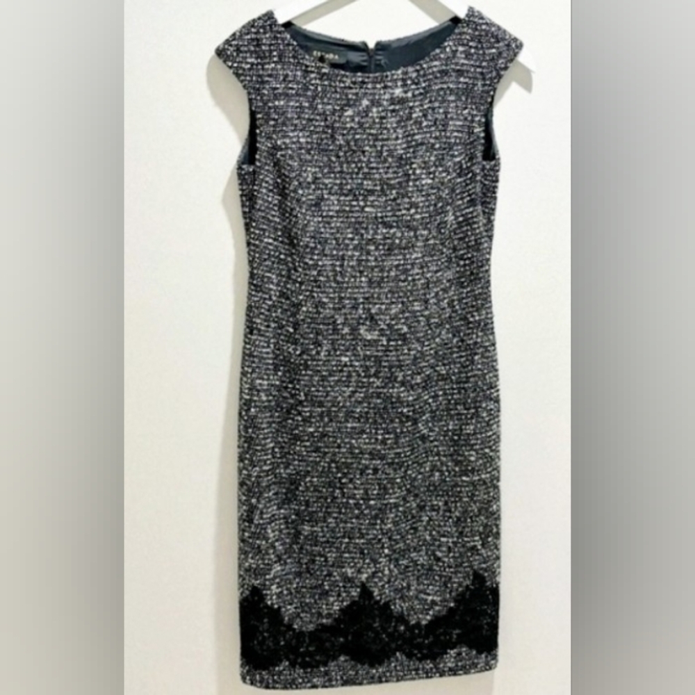 ESSCADA 10/40 TWEED  WOOL COTTON POLY BLEND BOUCLE LACE BLACK WHITE SHEATH DRESS